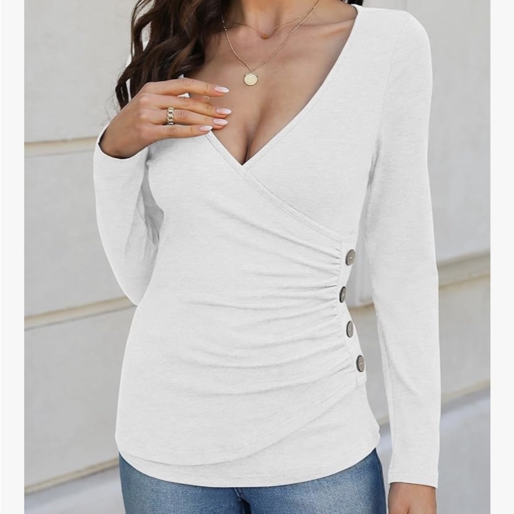 Women’s Casual Deep V-Neck Long Sleeve Cross Wrap T
